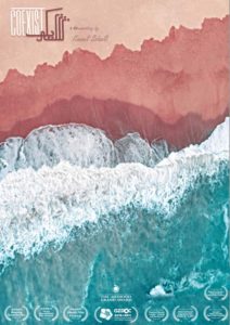 An overhead perspective of a light pink sandy beach where blue waters turn to white foam as water crashes into drenched pink sand.The title of the film is at the top left corner and reads COEXIST a documentary by Komeil Soheili.