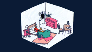 A cartoon drawing of a blue haired yellow skinned character laying back on his elbows in bed. The white wall bedroom has pink furnitures, a brown desk and chair, and an open closet with a few clothes hanging.