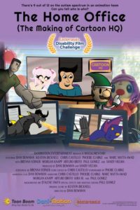 On multiple real life computer screens appear a combination of animated characters ranging from pink haired anime woman, an elf, a dragon breathing flames, and a masked winged villan. The screens are on a desk in front of a window and a plush toy. The movie poster includes the title of the film, The Home Office (The Making of Cartoon HQ) in addition to details on the cast, crew, and supporting agencies.