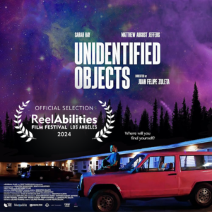 Sarah Hay, Matthew August Jeffers. Unidentified Objects. Directed by Juan Felipe Zuleta. Where will you find yourself? ReelAbilities Film Festival Los Angeles 2024 Official Selection Laurel. A man sitting on top of a red car parked in front of a building at night.
